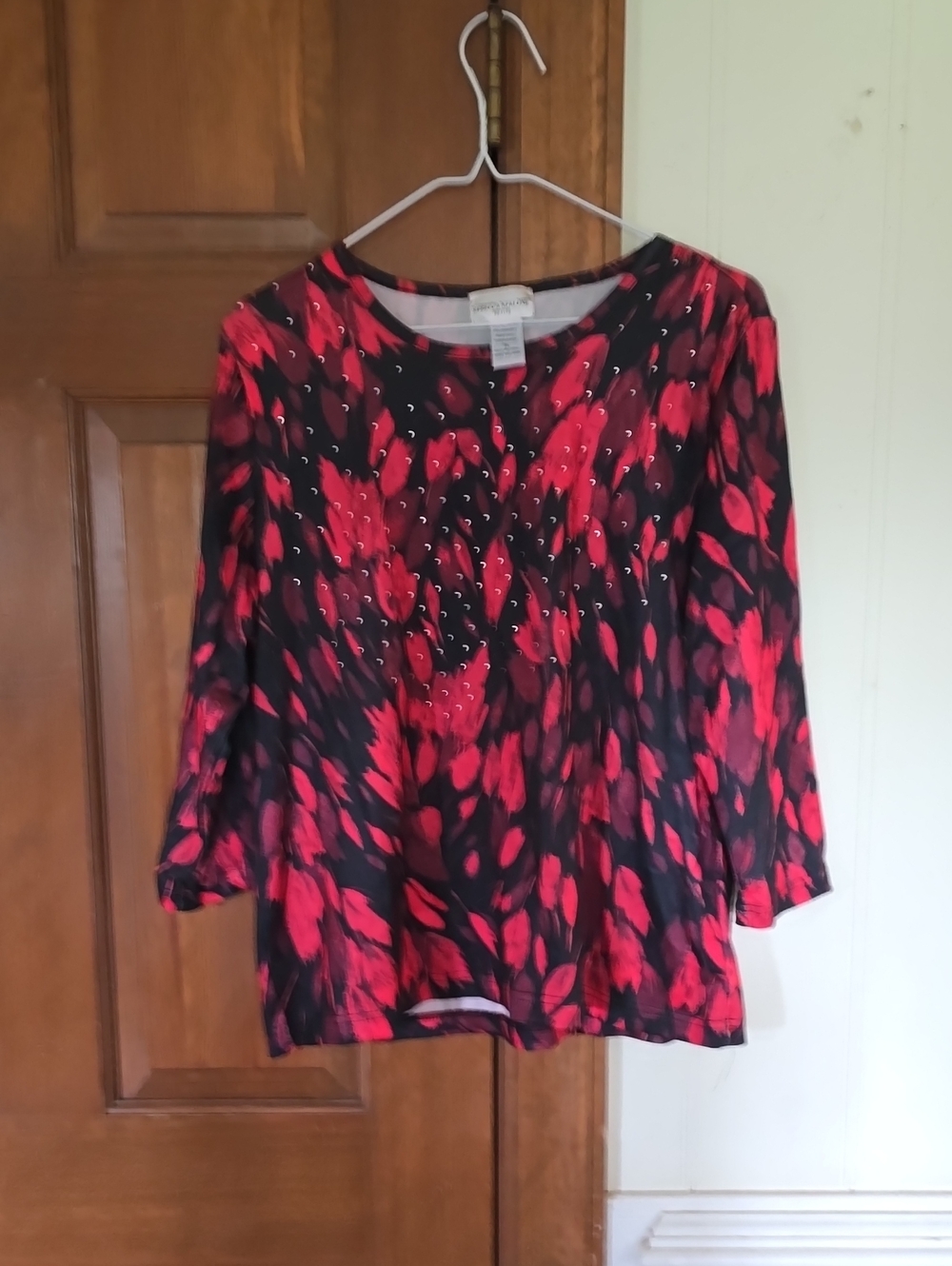 Rebecca Malone Black and Red Rhinestone Leaf-Print Top